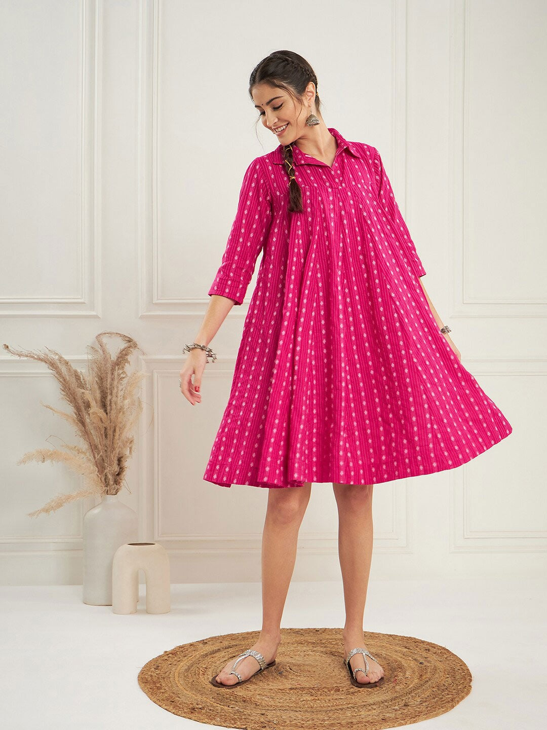 RATAN CRAFTS Beautiful Stylish Cotton Collar neck Knee length Dress in Pink color Katha Work Fabric with Mid length Sleeves Gown for women's