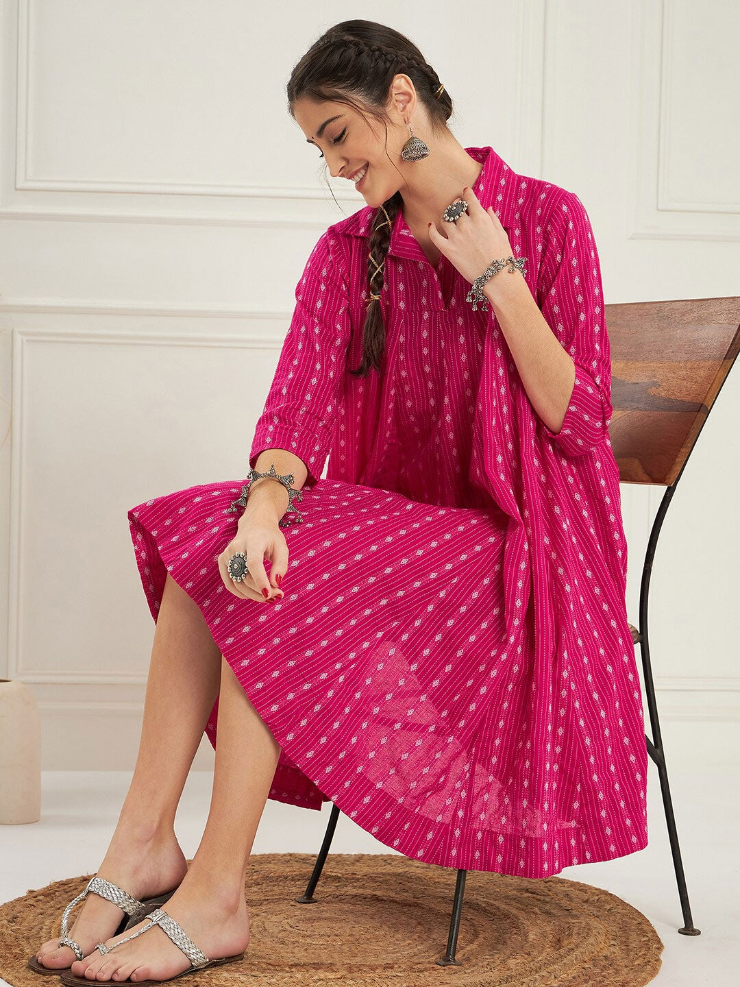 RATAN CRAFTS Beautiful Stylish Cotton Collar neck Knee length Dress in Pink color Katha Work Fabric with Mid length Sleeves Gown for women's