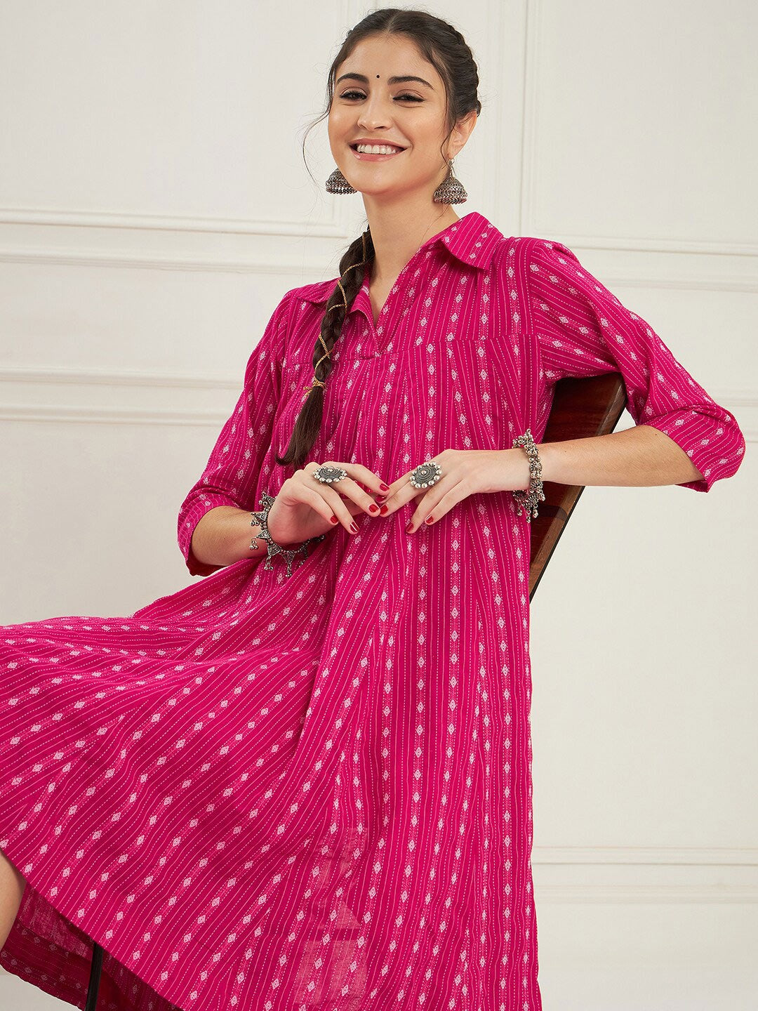 RATAN CRAFTS Beautiful Stylish Cotton Collar neck Knee length Dress in Pink color Katha Work Fabric with Mid length Sleeves Gown for women's