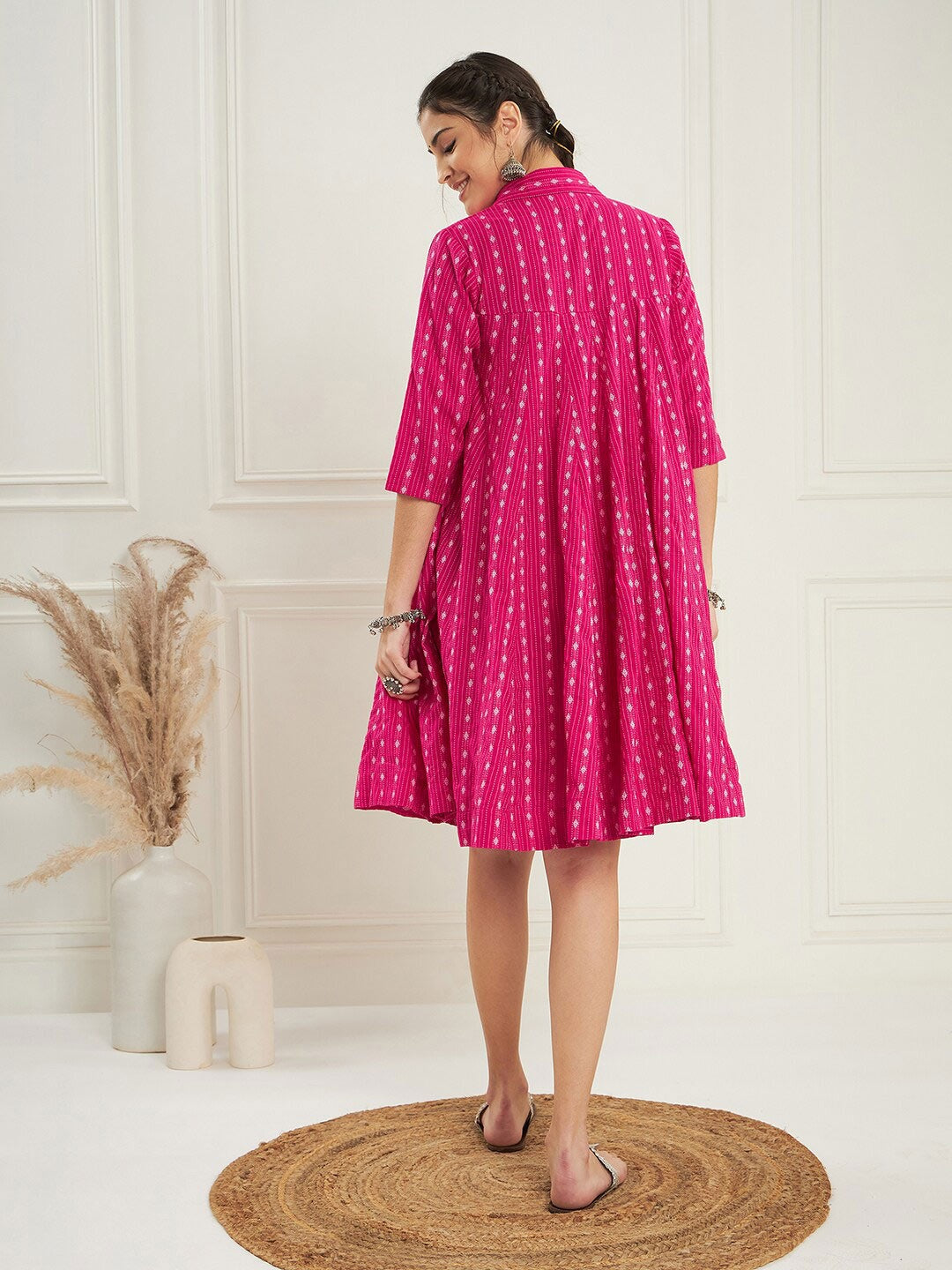 RATAN CRAFTS Beautiful Stylish Cotton Collar neck Knee length Dress in Pink color Katha Work Fabric with Mid length Sleeves Gown for women's