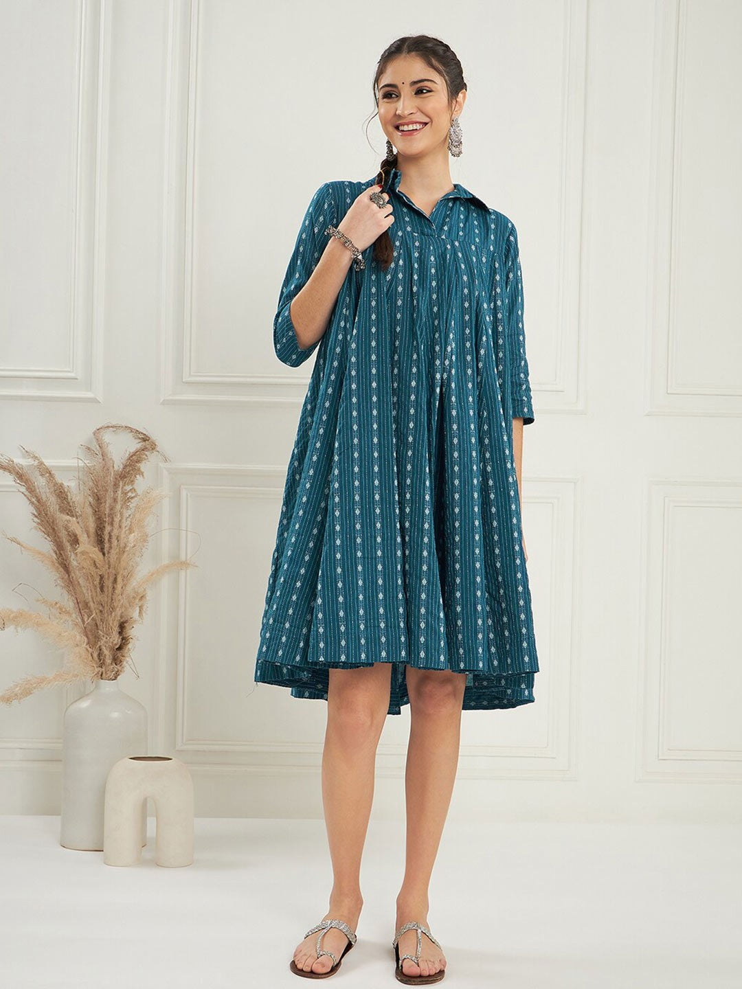 RATAN CRAFTS Beautiful Stylish Cotton Collar neck Knee length Dress in Unique different colors Katha Work Fabric with Mid length Sleeves Gown for women's