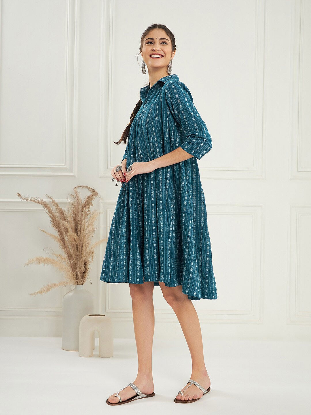 RATAN CRAFTS Beautiful Stylish Cotton Collar neck Knee length Dress in Sea Green color Katha Work Fabric with Mid length Sleeves Gown for women's