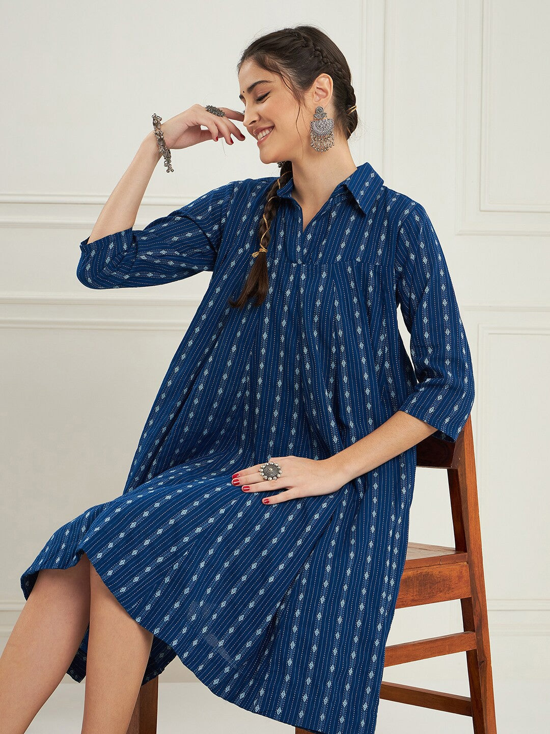 RATAN CRAFTS Beautiful Stylish Cotton Collar neck Knee length Dress in Royal Blue color Katha Work Fabric with Mid length Sleeves Gown for women's