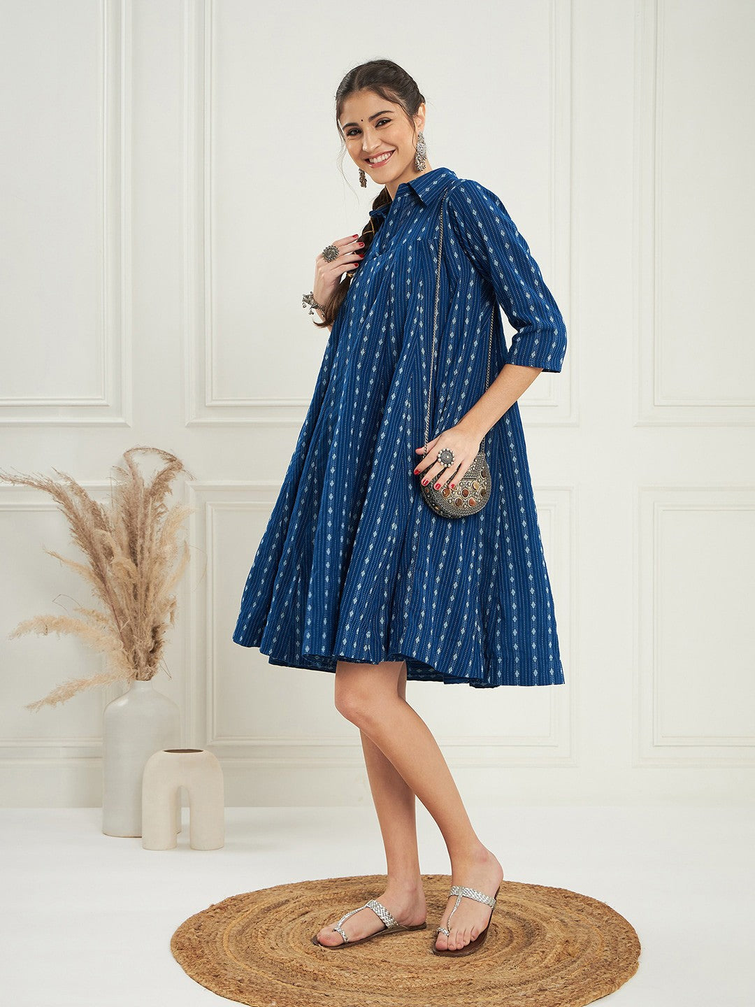 RATAN CRAFTS Beautiful Stylish Cotton Collar neck Knee length Dress in Royal Blue color Katha Work Fabric with Mid length Sleeves Gown for women's