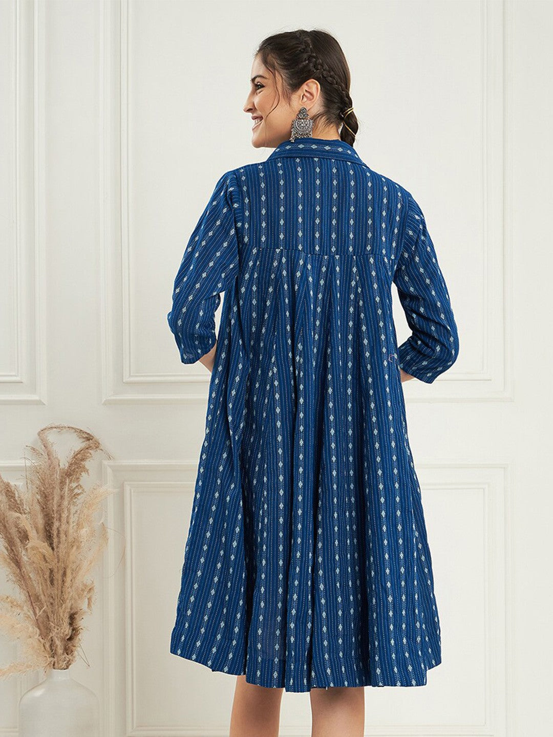 RATAN CRAFTS Beautiful Stylish Cotton Collar neck Knee length Dress in Royal Blue color Katha Work Fabric with Mid length Sleeves Gown for women's