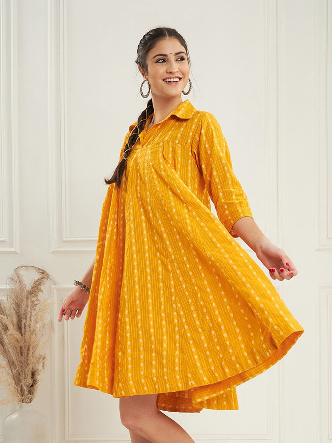 RATAN CRAFTS Beautiful Stylish Cotton Collar neck Knee length Dress in Unique different colors Katha Work Fabric with Mid length Sleeves Gown for women's