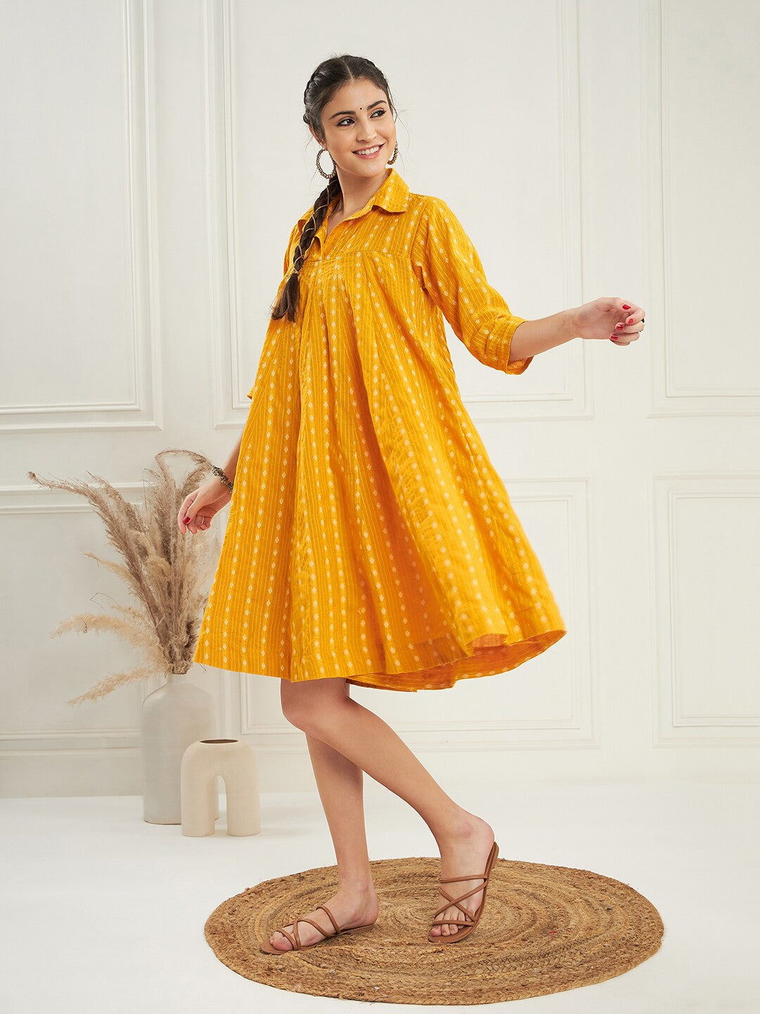 RATAN CRAFTS Beautiful Stylish Cotton Coller neck Knee length Dress in Yellow color Katha Work Fabric with Mid length Sleeves Gown for women's