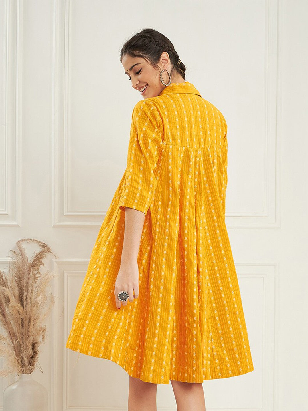 RATAN CRAFTS Beautiful Stylish Cotton Coller neck Knee length Dress in Yellow color Katha Work Fabric with Mid length Sleeves Gown for women's