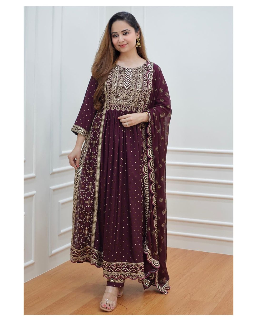 Handmade Embroidered Wine Colour Kurti Pant & Dupatta Set Kurta Kurti Wadding Dress