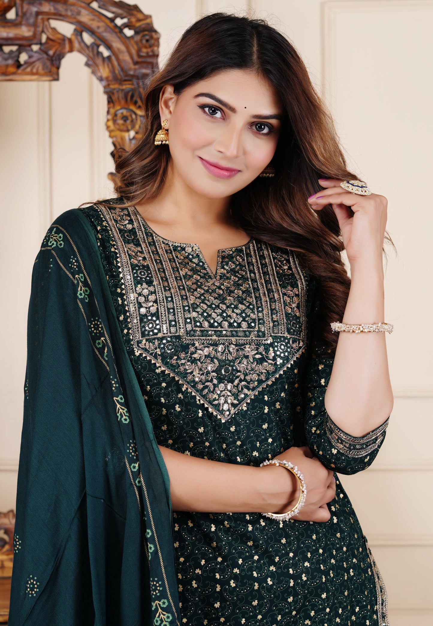 Women's Green Ethnic Wear Rayon Straight Embridered Kurti Pant Set with Dupatta