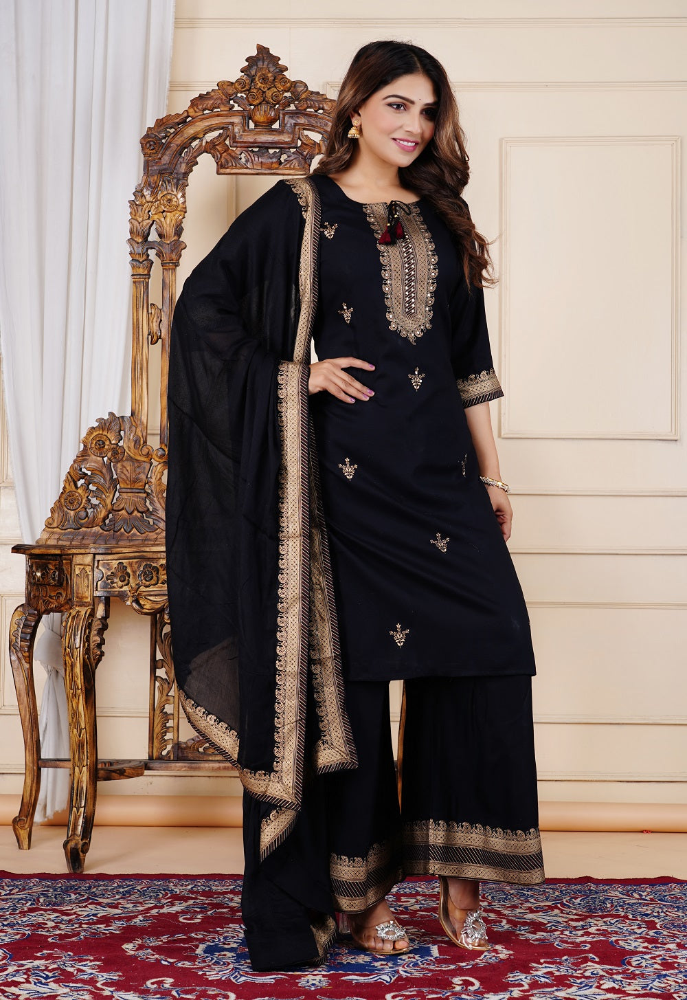 Rayon Embroidery Women's Sharara Dress Pakistani Kurti Palazzo Set with Cotton Dupatta Ethnic Dress