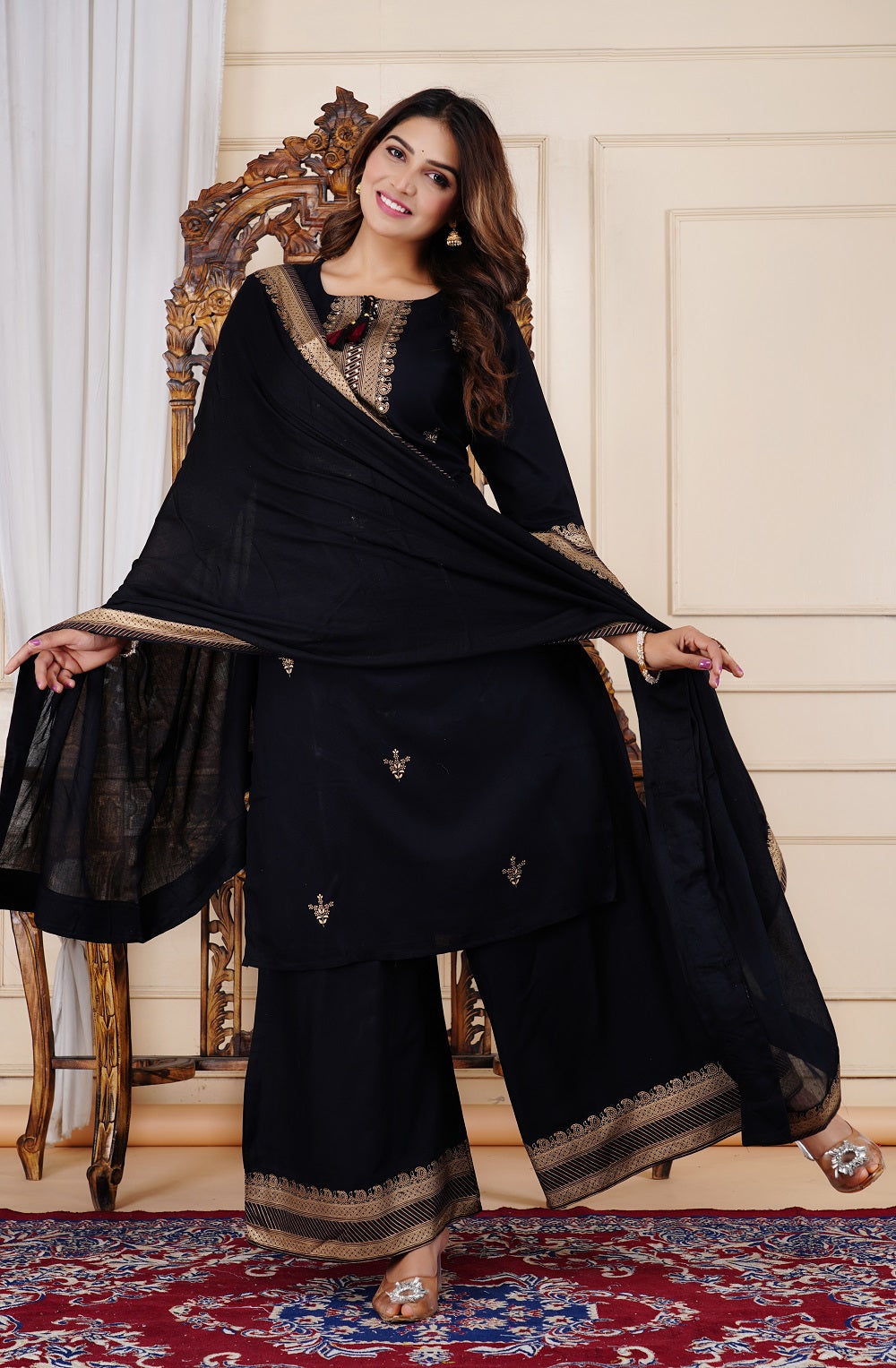 Rayon Embroidery Women's Sharara Dress Pakistani Kurti Palazzo Set with Cotton Dupatta Ethnic Dress