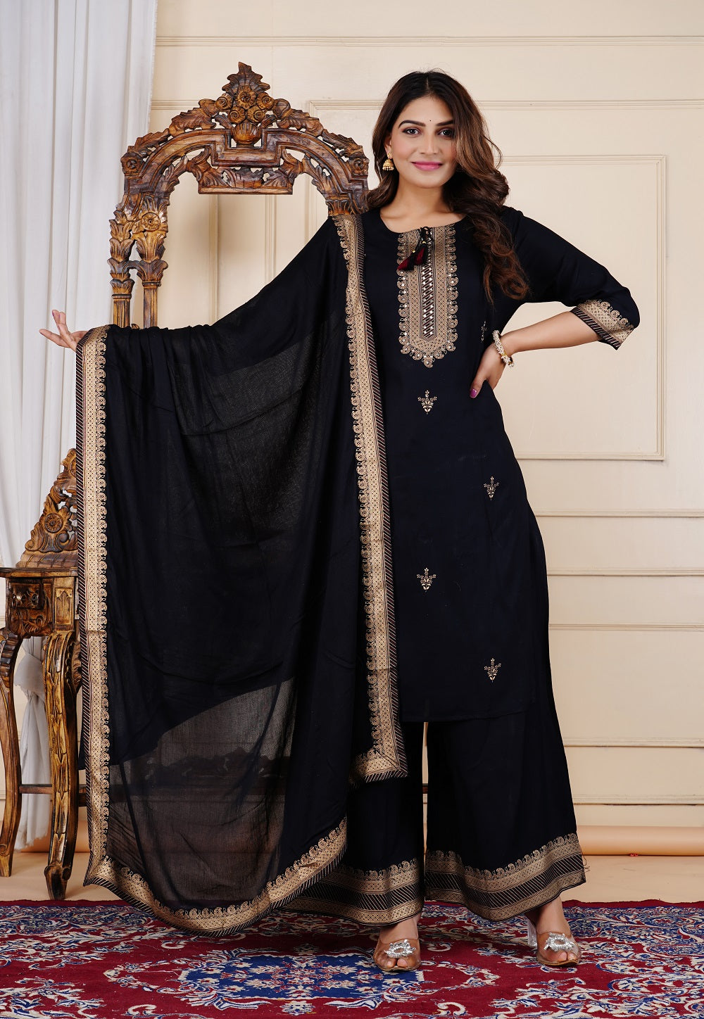 Rayon Embroidery Women's Sharara Dress Pakistani Kurti Palazzo Set with Cotton Dupatta Ethnic Dress