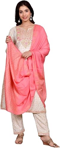 Women's Pink Ethnic Wear Rayon Straight Embridered Kurti Pant Set with Dupatta