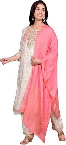 Women's Pink Ethnic Wear Rayon Straight Embridered Kurti Pant Set with Dupatta