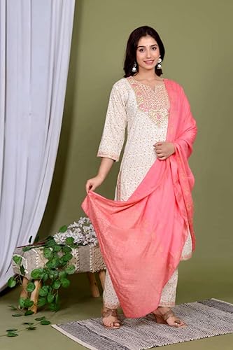 Women's Pink Ethnic Wear Rayon Straight Embridered Kurti Pant Set with Dupatta