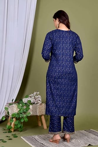 Women's Blue Ethnic Wear Rayon Straight Embridered Kurti Pant Set with Dupatta