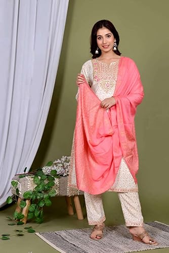 Women's Pink Ethnic Wear Rayon Straight Embridered Kurti Pant Set with Dupatta