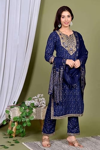 Women's Blue Ethnic Wear Rayon Straight Embridered Kurti Pant Set with Dupatta