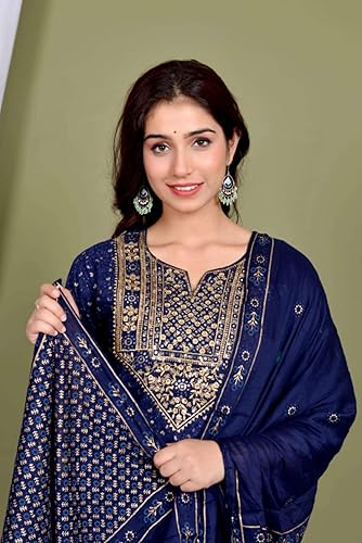 Women's Blue Ethnic Wear Rayon Straight Embridered Kurti Pant Set with Dupatta