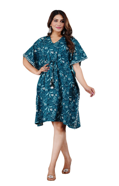 Cotton Printed Kaftan Dress with Waist Tie-Up, Free Size