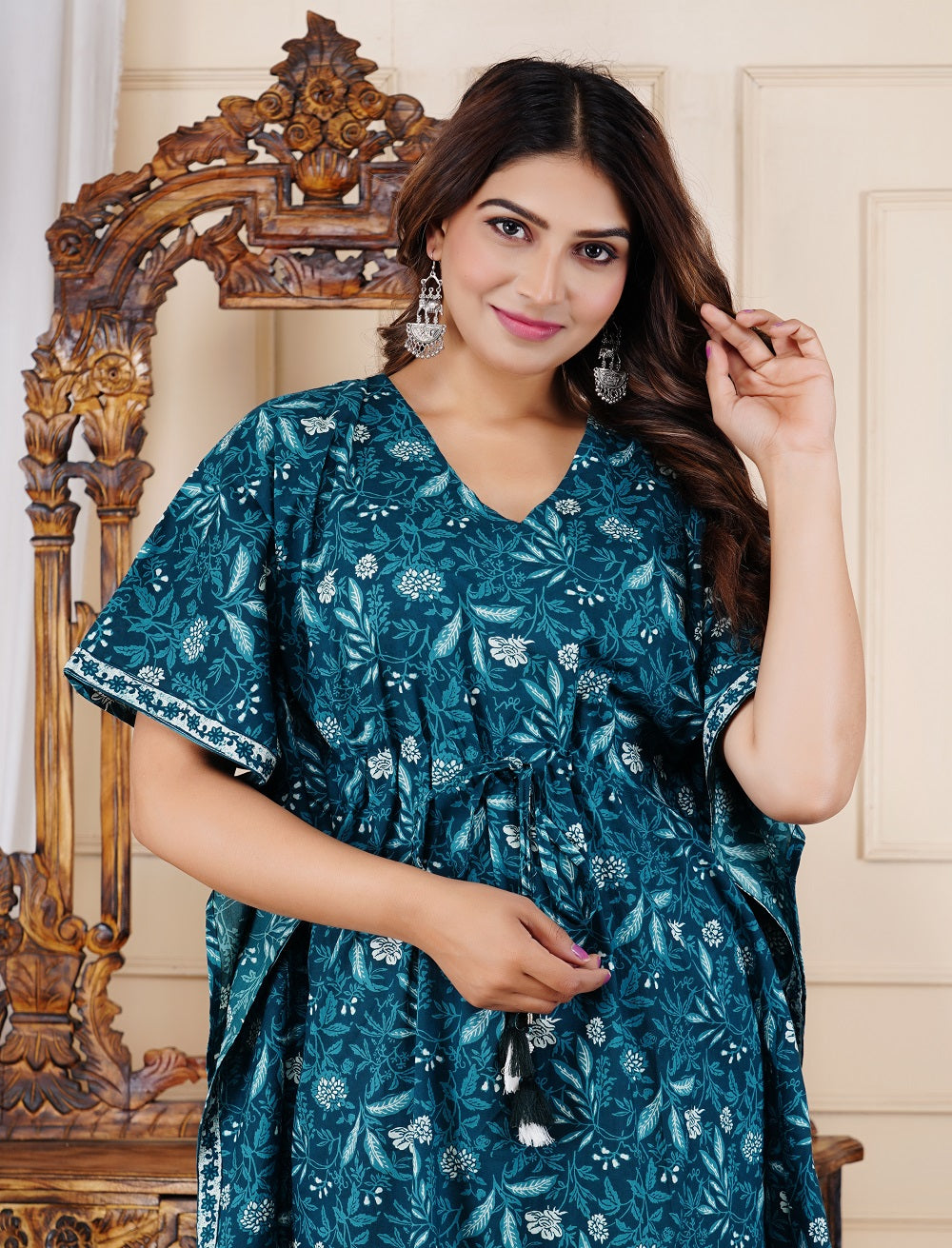 Cotton Printed Kaftan Dress with Waist Tie-Up, Free Size