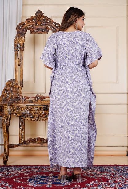 Purple Cotton Printed Kaftan Dress with Waist Tie-Up, Free Size