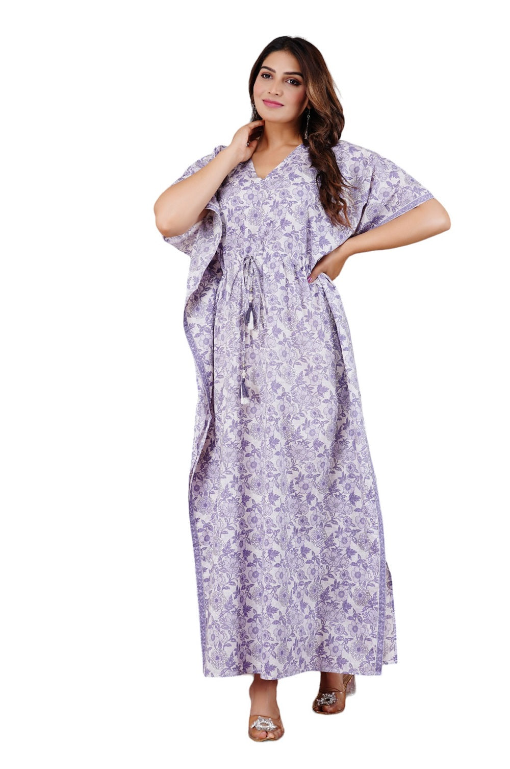 Purple Cotton Printed Kaftan Dress with Waist Tie-Up, Free Size