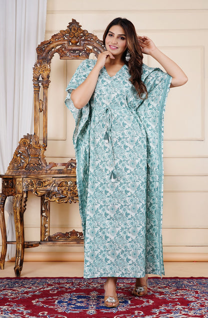 Cotton Printed Kaftan Dress with Waist Tie-Up, (Free Size, Light Blue)