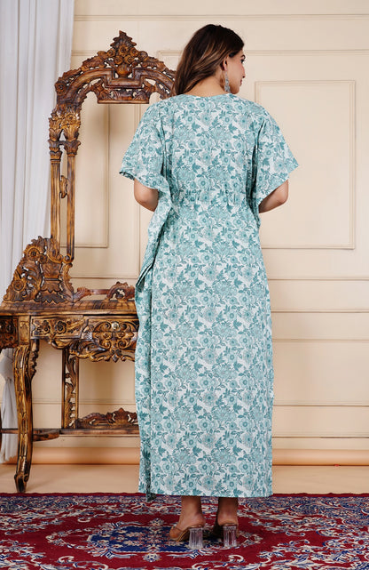 Cotton Printed Kaftan Dress with Waist Tie-Up, (Free Size, Light Blue)