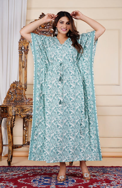 Cotton Printed Kaftan Dress with Waist Tie-Up, (Free Size, Light Blue)