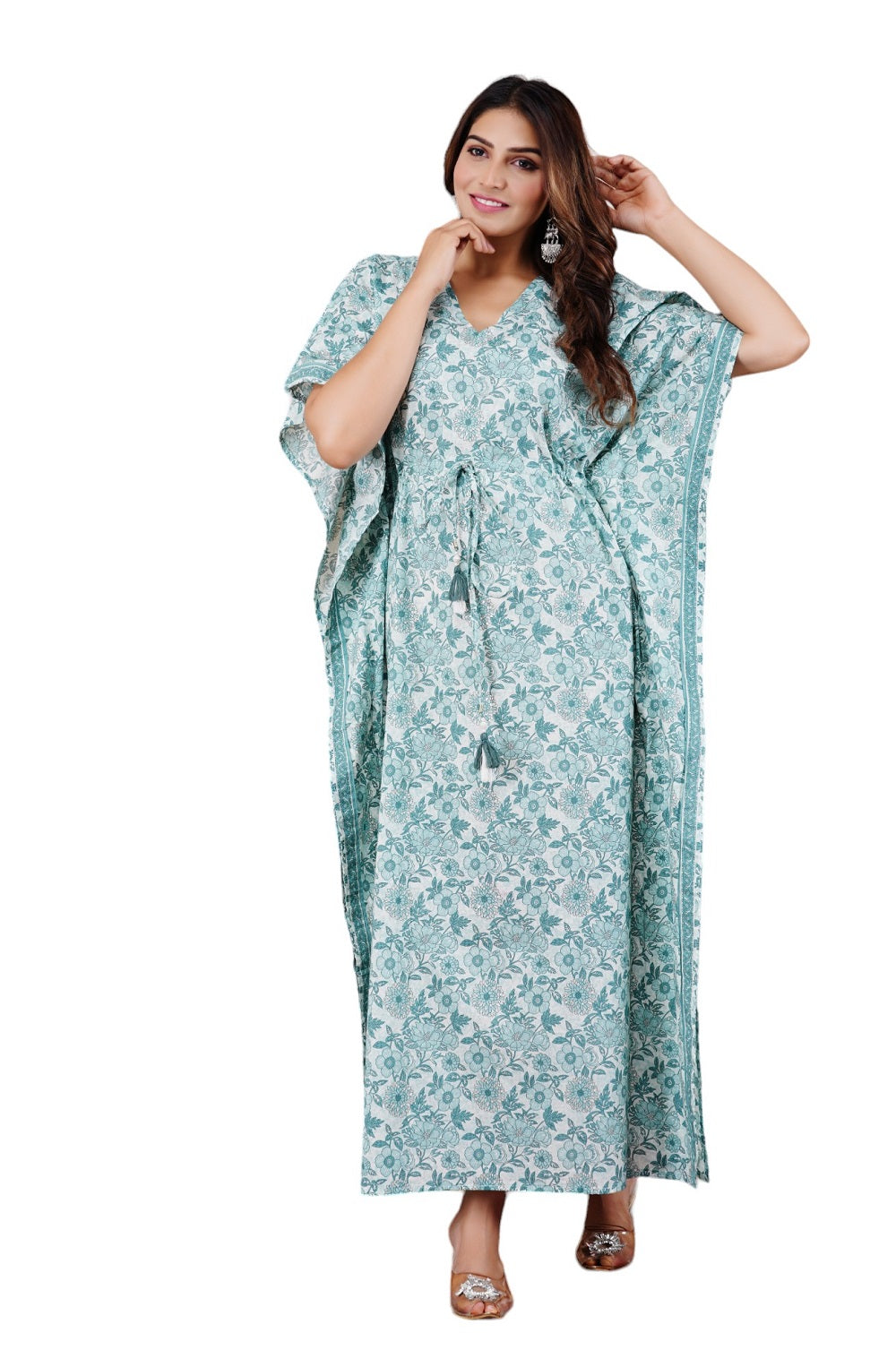 Cotton Printed Kaftan Dress with Waist Tie-Up, (Free Size, Light Blue)