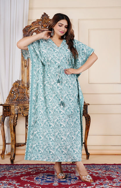 Cotton Printed Kaftan Dress with Waist Tie-Up, (Free Size, Light Blue)