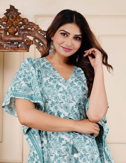 Cotton Printed Kaftan Dress with Waist Tie-Up, (Free Size, Light Blue)