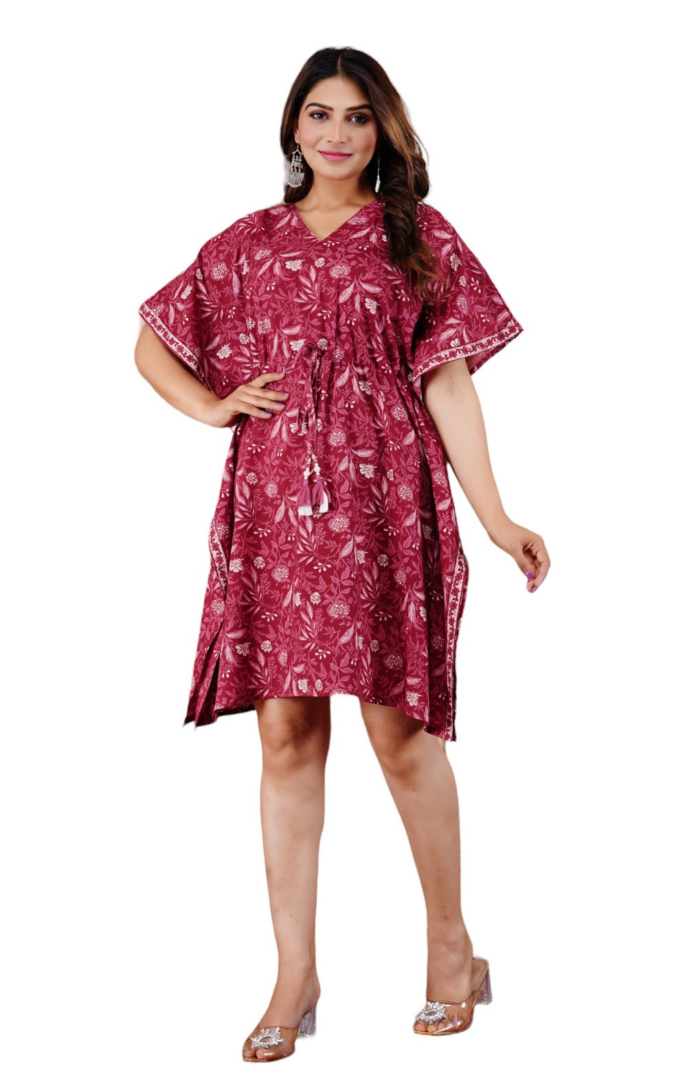 Cotton Printed Kaftan Dress with Waist Tie-Up, (Free Size, Red)