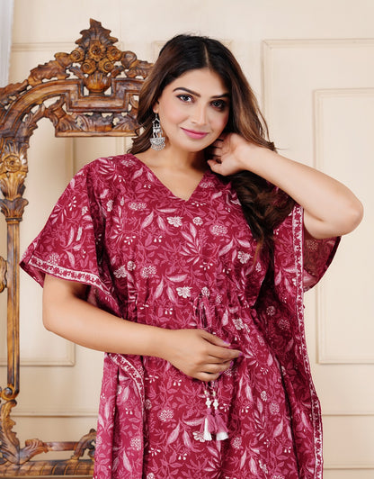 Cotton Printed Kaftan Dress with Waist Tie-Up, (Free Size, Red)