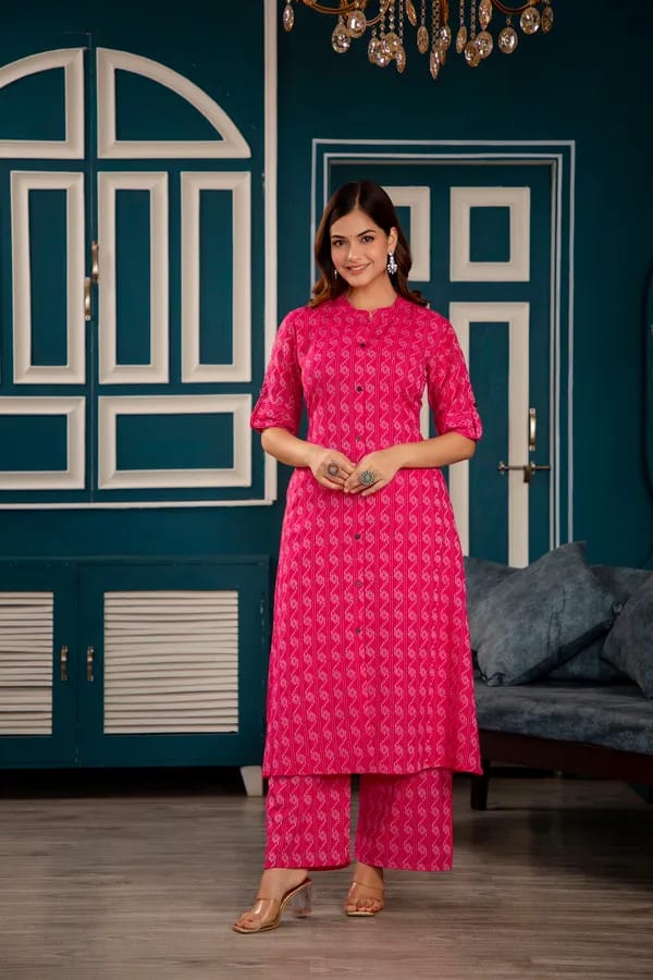 Women's Handmade Pink Kurti Pant Set  Round Neck Embroidery Work