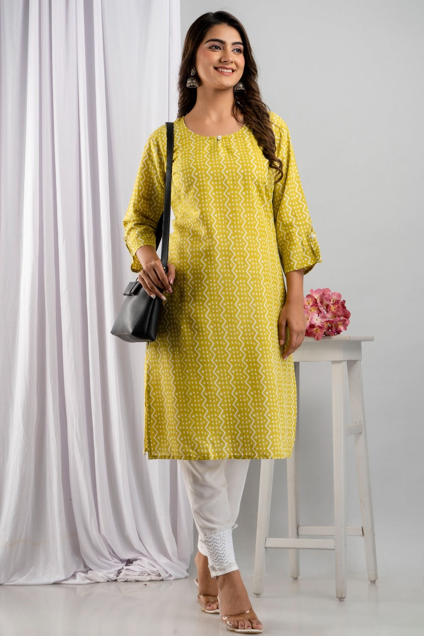 Women's Rayon Straight Printed Kurta Pant, Yellow Summer Kurta Pant Set