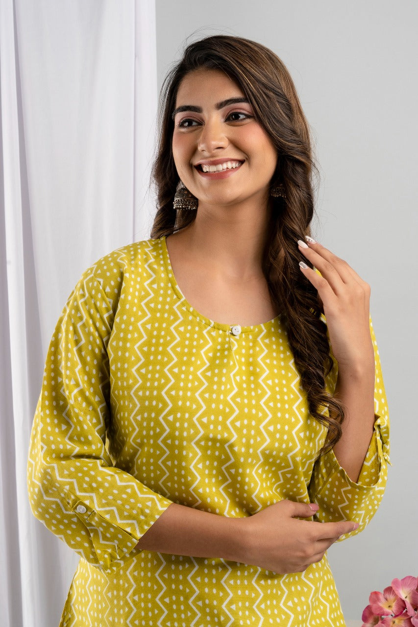 Women's Rayon Straight Printed Kurta Pant, Yellow Summer Kurta Pant Set