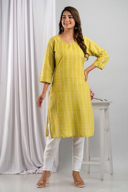 Women's Rayon Straight Printed Kurta Pant, Yellow Summer Kurta Pant Set