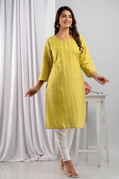 Women's Rayon Straight Printed Kurta Pant, Yellow Summer Kurta Pant Set