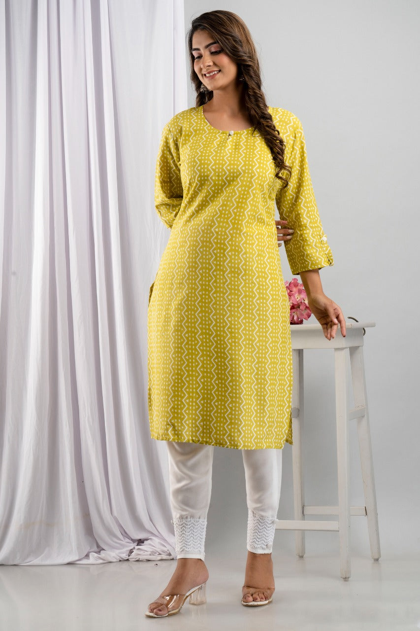 Women's Rayon Straight Printed Kurta Pant, Yellow Summer Kurta Pant Set