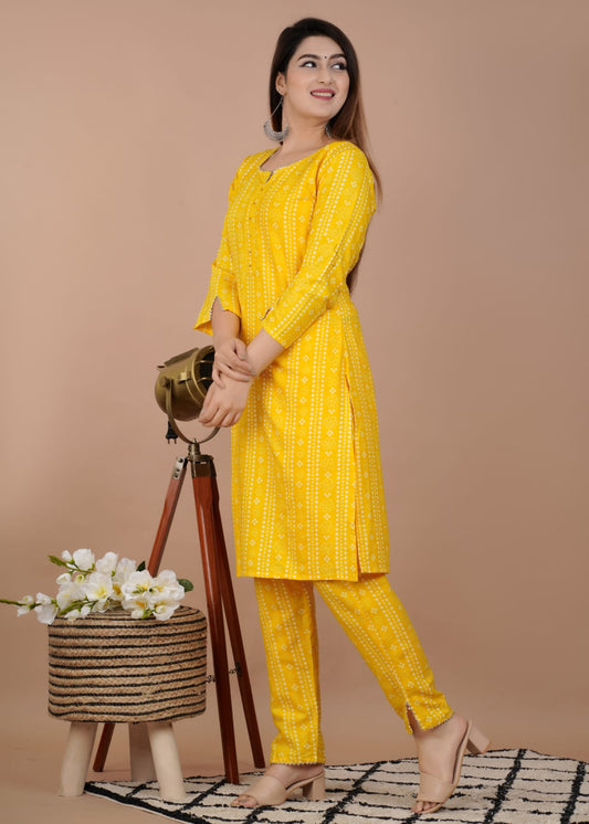 Women's Rayon Straight Printed Kurta Pant, Mustard Summer Kurta Pant Set