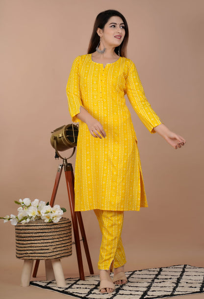 Women's Rayon Straight Printed Kurta Pant, Mustard Summer Kurta Pant Set