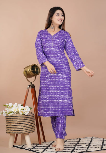 Purple Summer Kurta Pant Set, Women's Rayon Straight Printed Kurta Pant