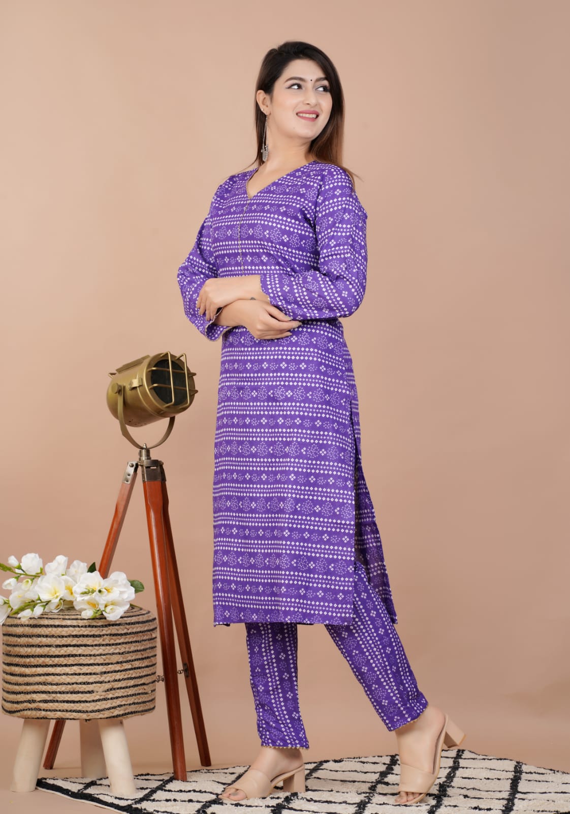 Purple Summer Kurta Pant Set, Women's Rayon Straight Printed Kurta Pant