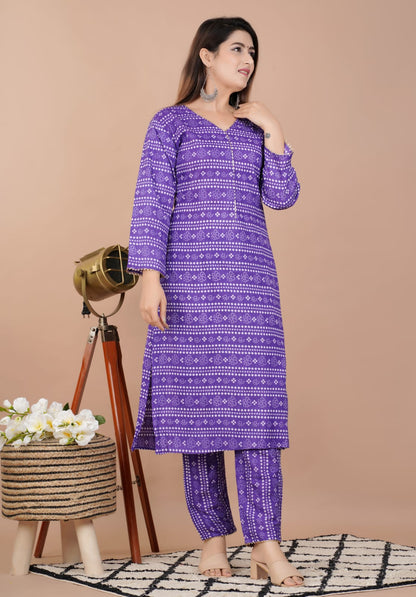 Purple Summer Kurta Pant Set, Women's Rayon Straight Printed Kurta Pant