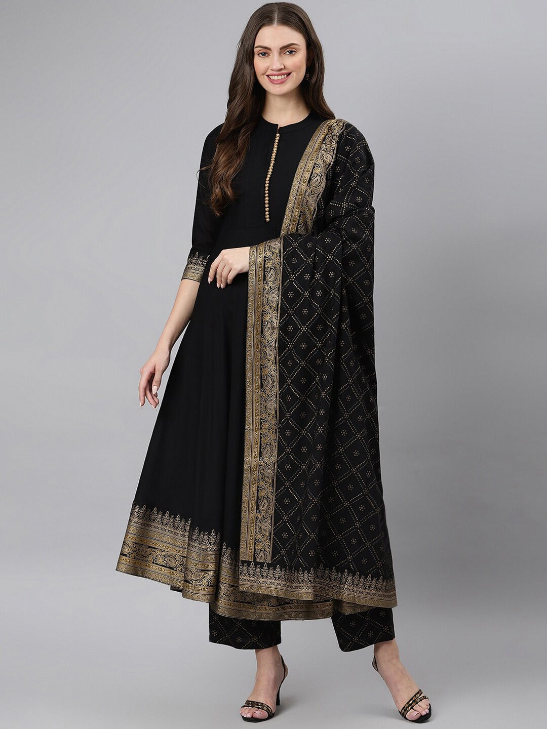 Black Salwar Kameez With Dupatta Round Neck Indian Wedding Party Wear Kurti Pant