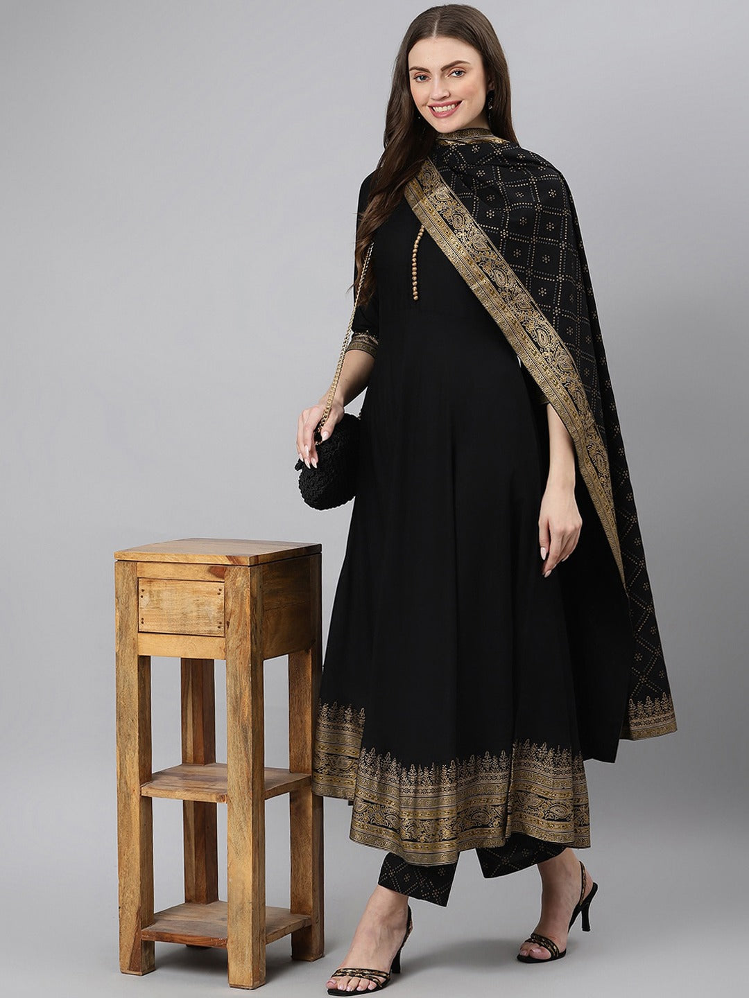 Black Salwar Kameez With Dupatta Round Neck Indian Wedding Party Wear Kurti Pant