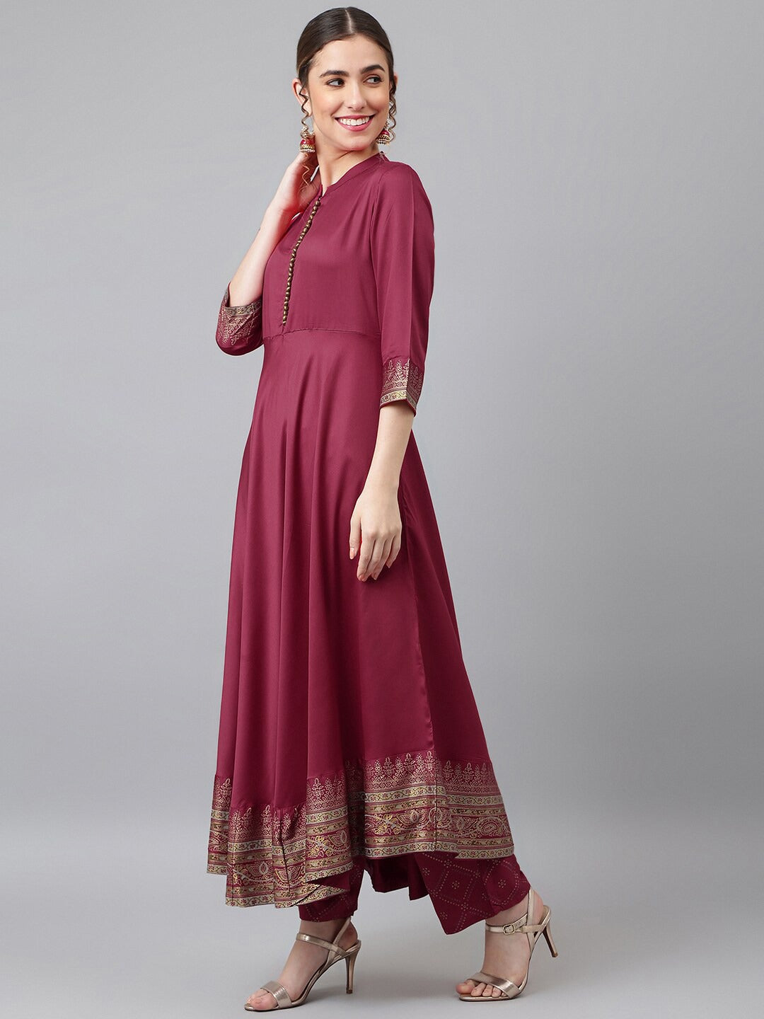 Rani Pink Salwar Kameez With Dupatta Round Neck Indian Wedding Party Wear Kurti Pant